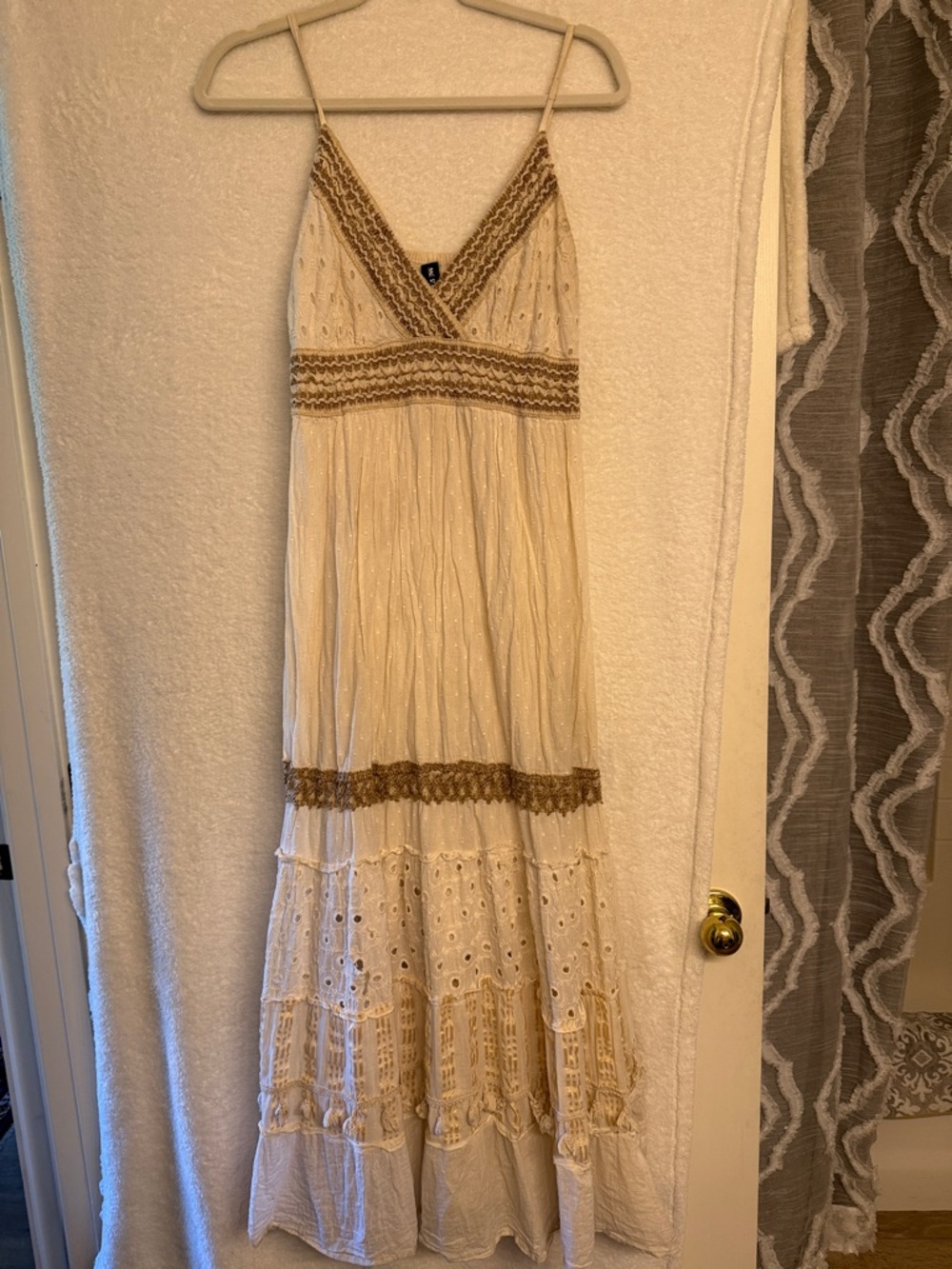 Beautiful Me 2 Magic Cream Eyelet/Embroidered Bohemian Dress w/Gold Lace Trim